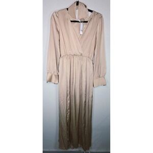 Baltic Born Satin Maxi Dress Champagne Long Sleeve Wrap Tie Romantic Size S NWT